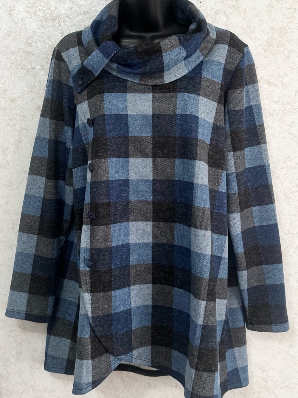 Pure Essence Urbanology Women's Large Pull Over Top Cowl Neck Blue Black Check